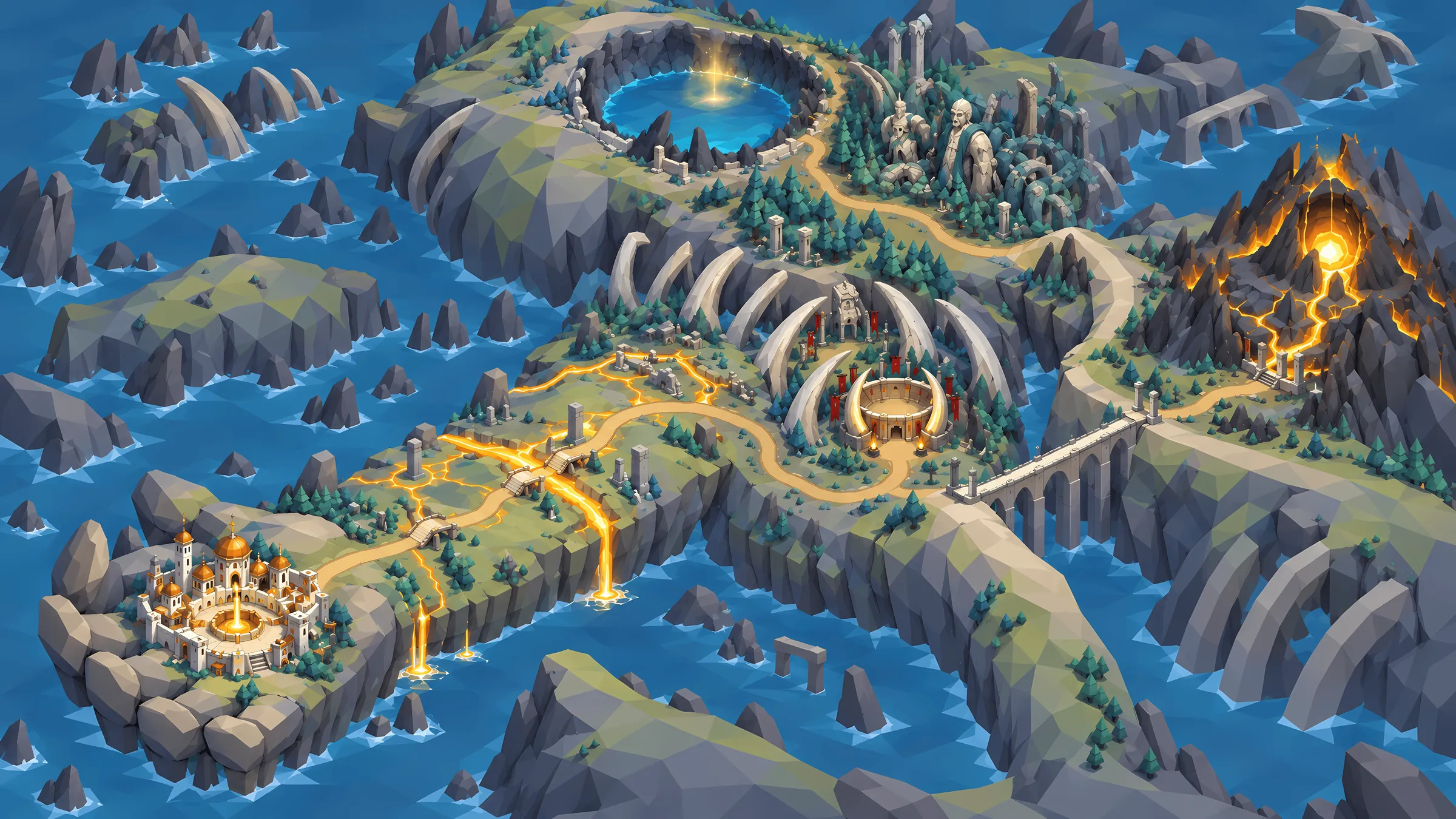 The Act I world map: Kaleon, the Golden Veins, Rib Valley, the Horn Arena, the Stone Hair Forest, Eye Lake, the Collarbone Bridge and the Heart Mountain